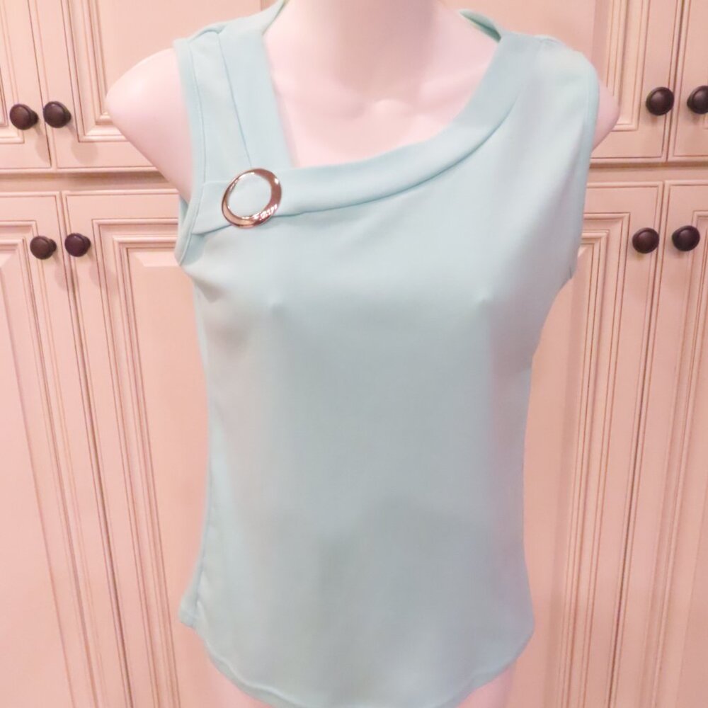 Aqua Blue Cotton Jersey Buckle Neck Sleeveless Tank Top Blouse size M